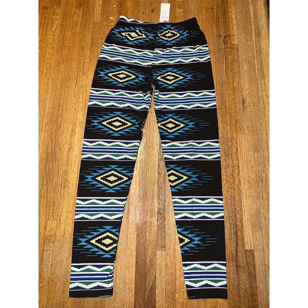 NWT Agnes & Dora Adult S/M (4-12) Black Blue Geometric Stripe Soft Legging